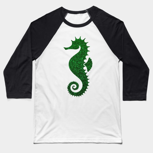 Deep Green Faux Glitter Seahorse Baseball T-Shirt by Felicity-K